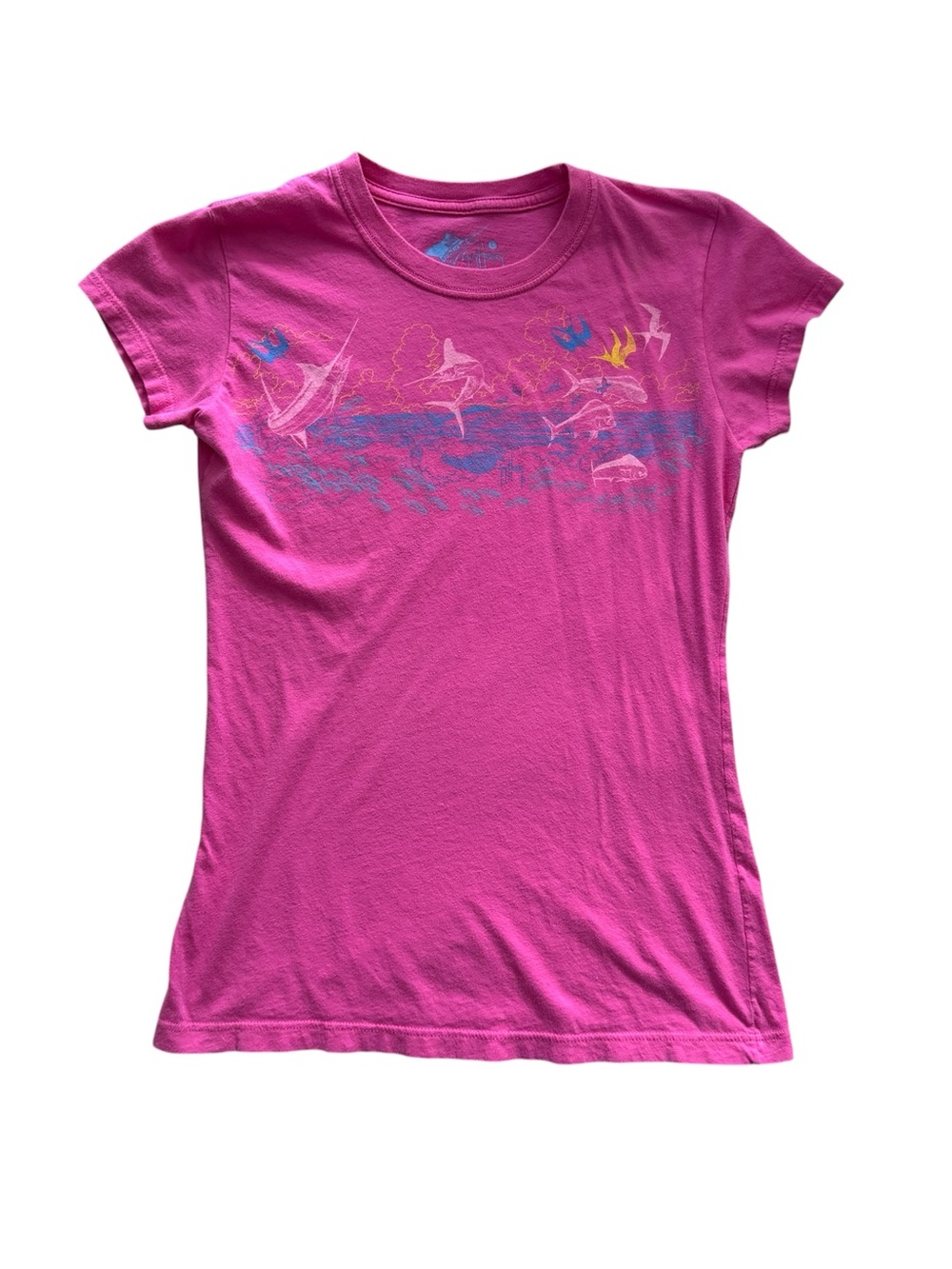 Y2K Guy Harvey Dolphin Graphic Tee Girls Large Pink Ocean Beach Shirt
